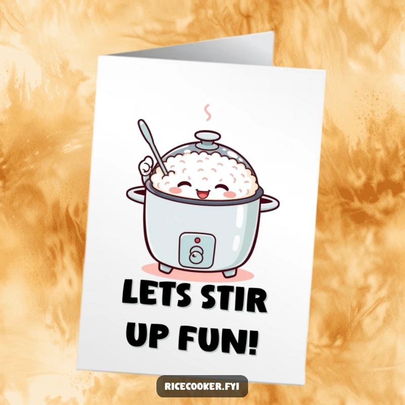 Funny Free Printable Birthday Card: An enthusiastic rice cooker waves a tiny spoon, shouting happy birthday cheers.