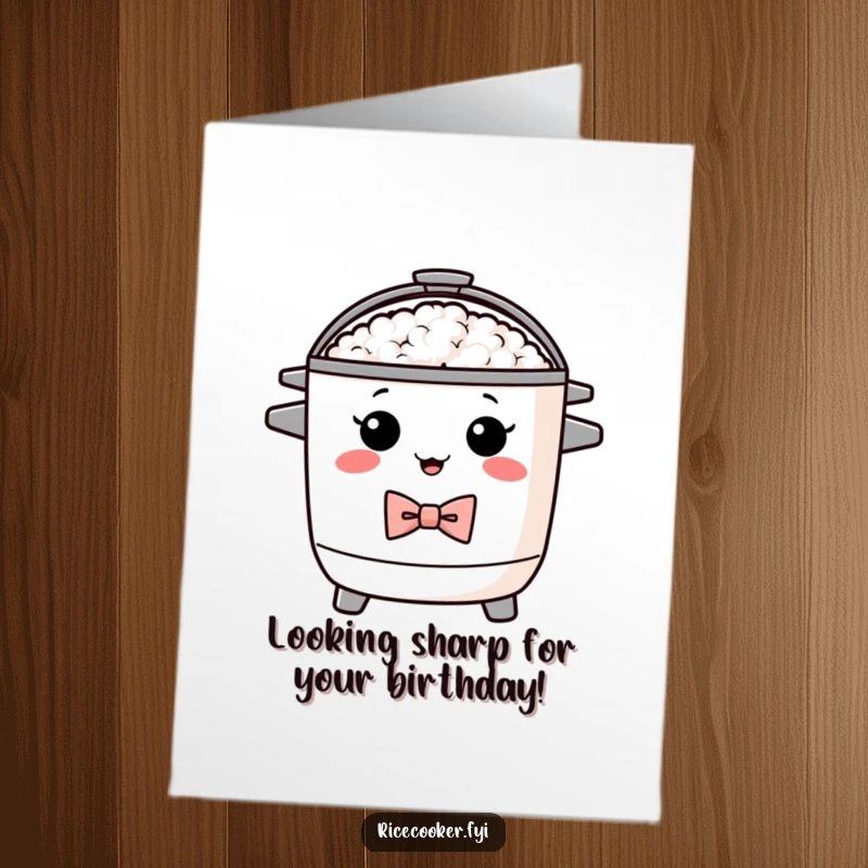 Funny Free Printable Birthday Card featuring a proud, dapper rice cooker wearing a bow tie, exuding sophistication. Downloadable gift.