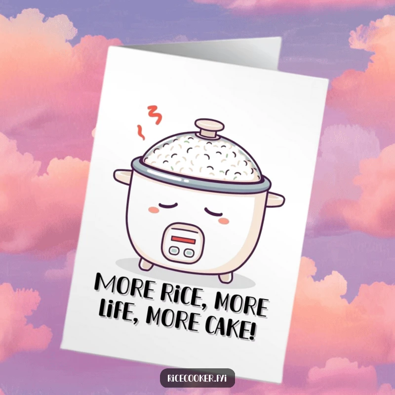 Funny Free Printable Birthday Card: A sleepy rice cooker with its lid open, dreaming of endless rice, for a cozy celebration.