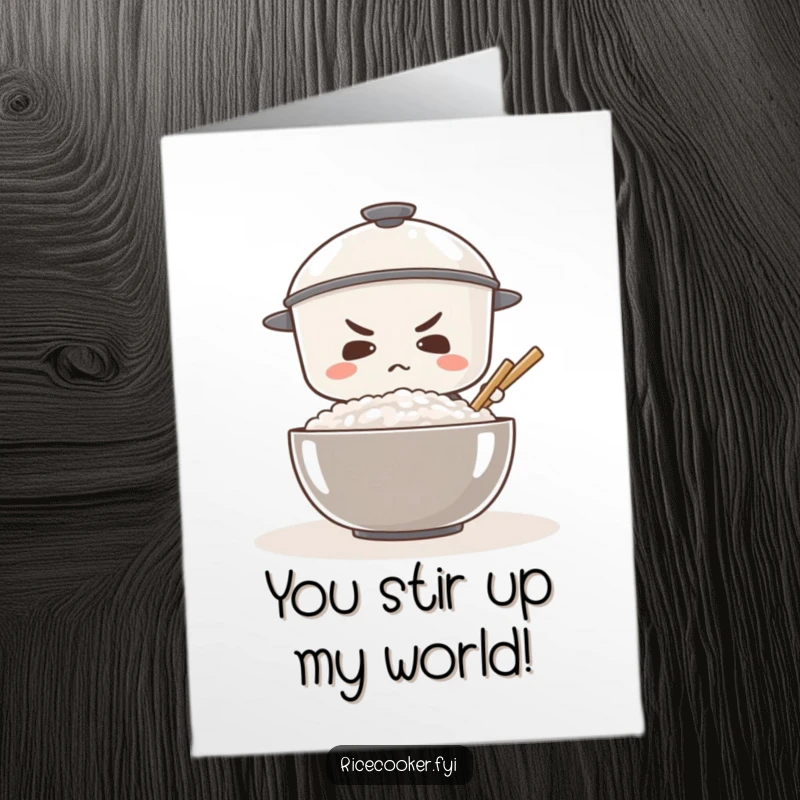 Funny Free Printable Birthday Card: A determined rice cooker vigorously stirring a giant bowl of rice, symbolizing effort.