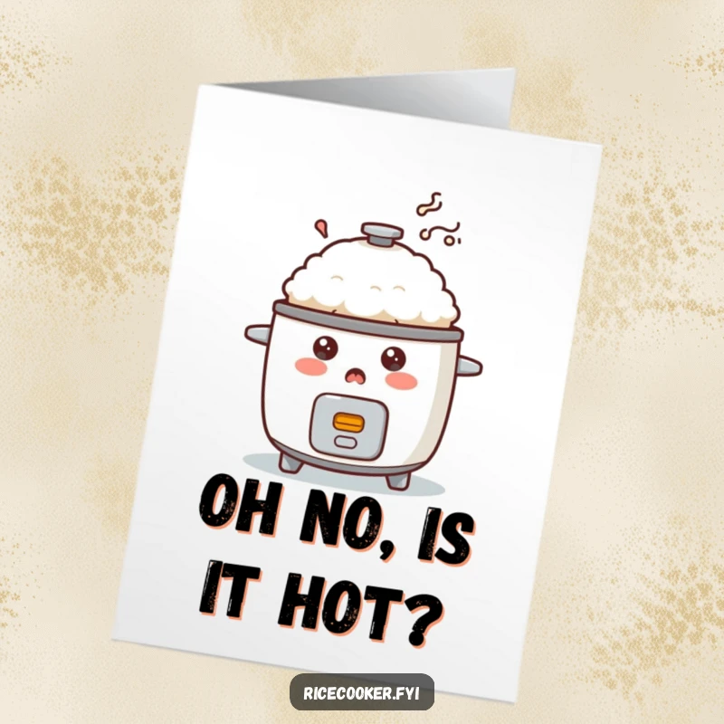 Funny Free Printable Birthday Card: A startled rice cooker with smoke puffing out, expressing shock and surprise, a humorous downloadable design.