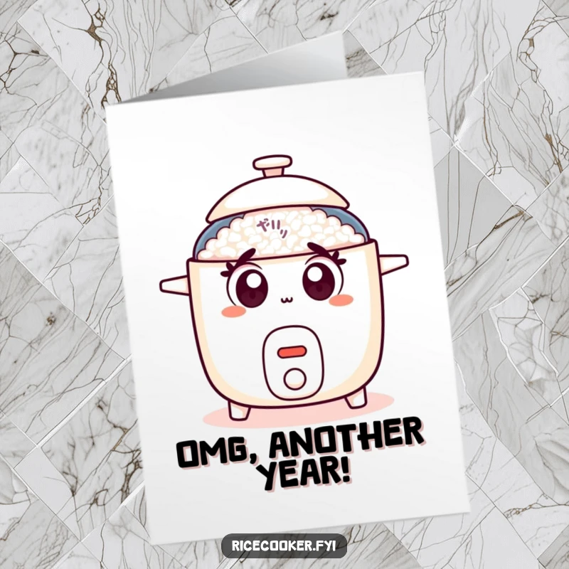 Funny Free Printable Birthday Card: Surprised Rice Cooker, Wide Eyes, Popping Lid, Shocked Chef