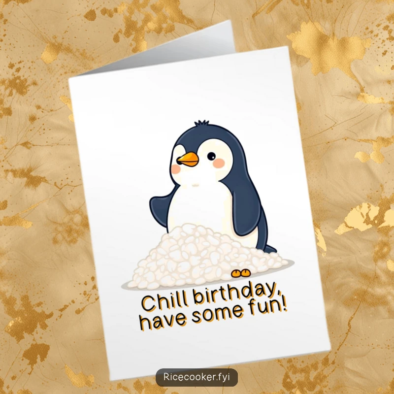 Funny free printable birthday card showcasing a proud penguin gazing at a towering mountain of fluffy rice, celebrating.