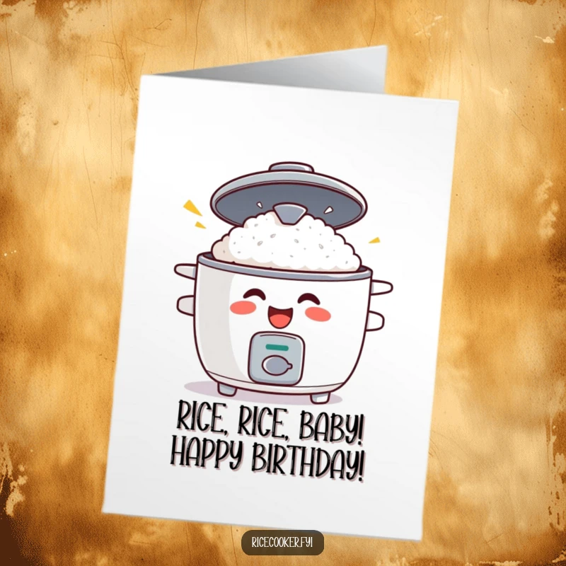 Funny Free Printable Birthday Card: a grinning rice cooker with its lid popping open in comical surprise, perfect for DIY celebrations.