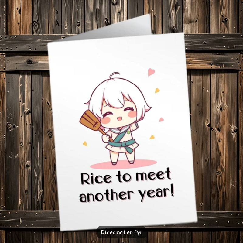 Funny Free Printable Birthday Card: Character comically spins a rice paddle like a tiny baton, creating a cheerful and humorous birthday greeting.