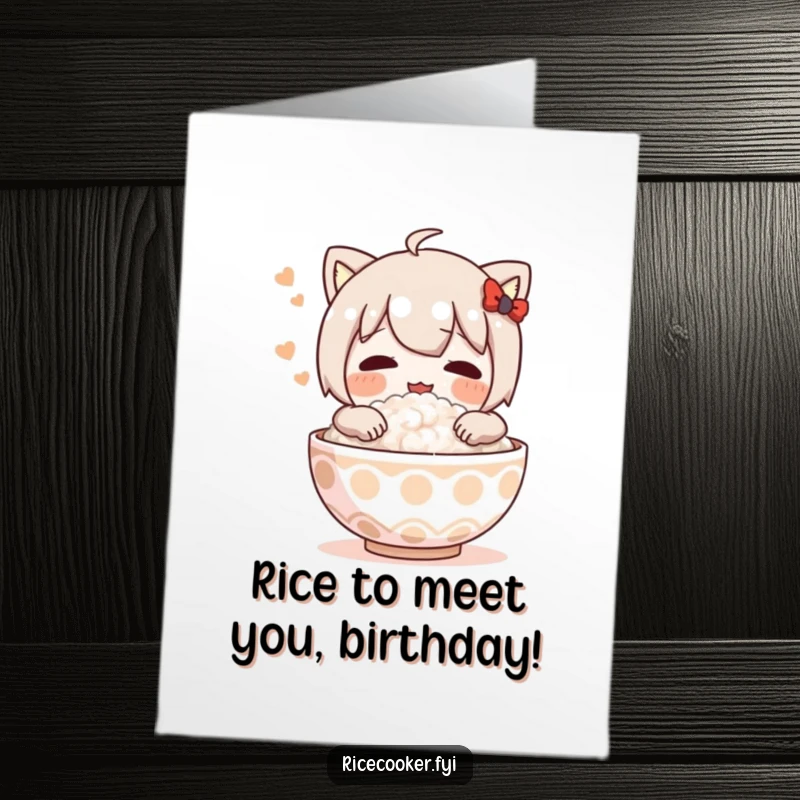 Funny Free Printable Birthday Card featuring a character joyfully hugging a bowl of rice with a blissful sigh.