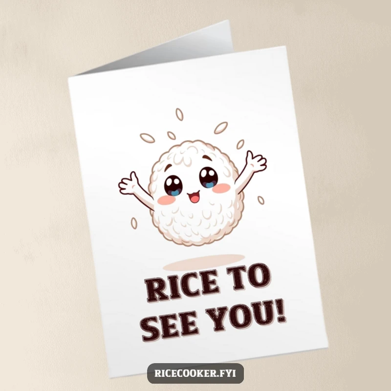 Funny Free Printable Birthday Card: Wide-eyed rice grain spinning ecstatically with arms up, pure birthday joy.