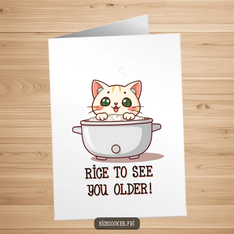 Funny Free Printable Birthday Card: Surprised cat peeking from steaming rice cooker, steam swirling, a comical reaction.