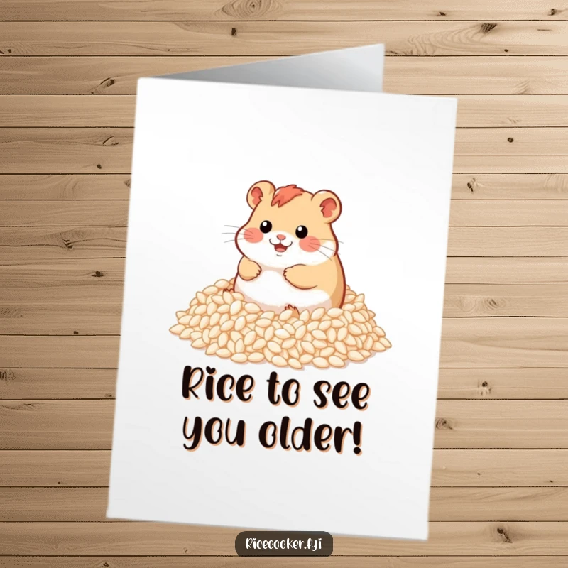 Funny Free Printable Birthday Card: Cute hamster gleefully rolling in a mountain of fluffy rice grains, perfect for a laugh.