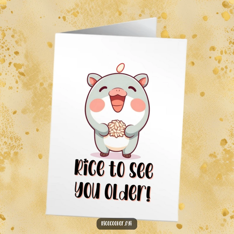 Funny Free Printable Birthday Card featuring a grinning character playfully bouncing a grain of rice on its spout, spreading joy.