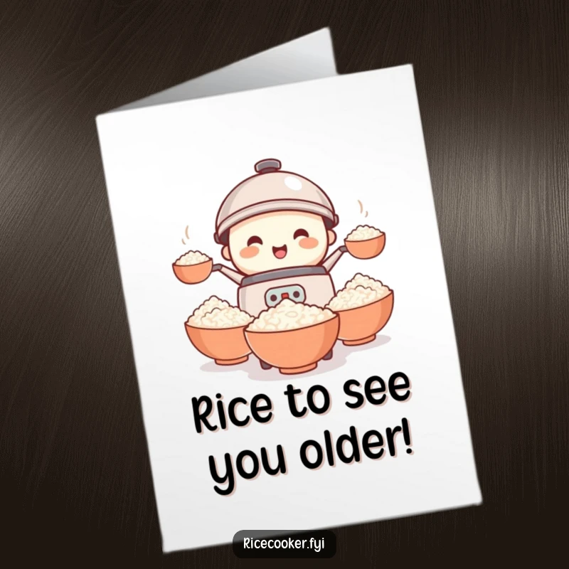 Funny Free Printable Birthday Card: Smiling rice cooker in mid-air juggling multiple bowls of rice with a determined expression.