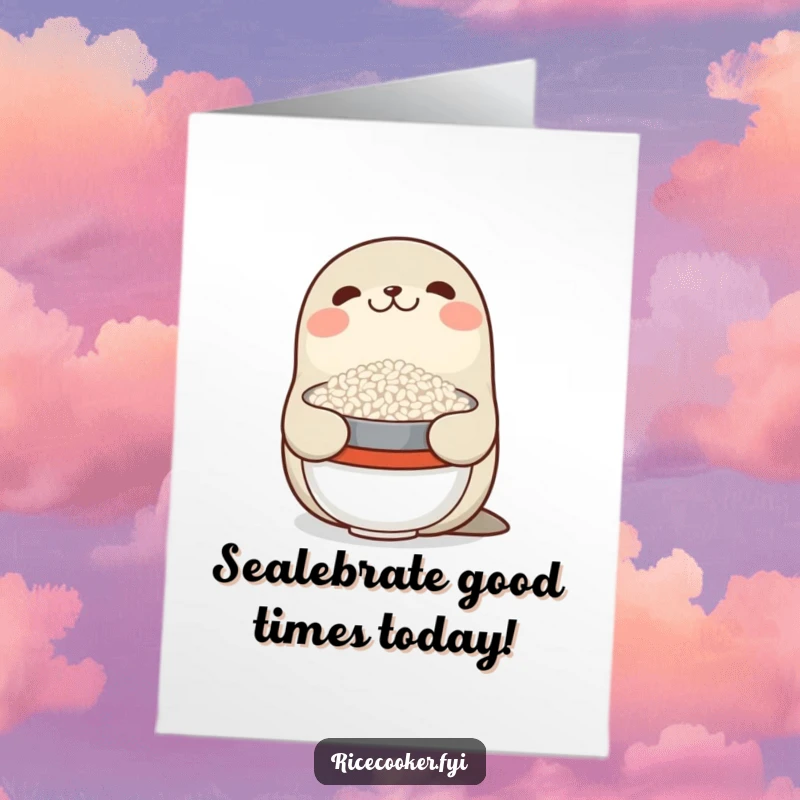 Funny free printable birthday card with a smiling seal skillfully balancing a bowl of rice on its nose, celebrating.