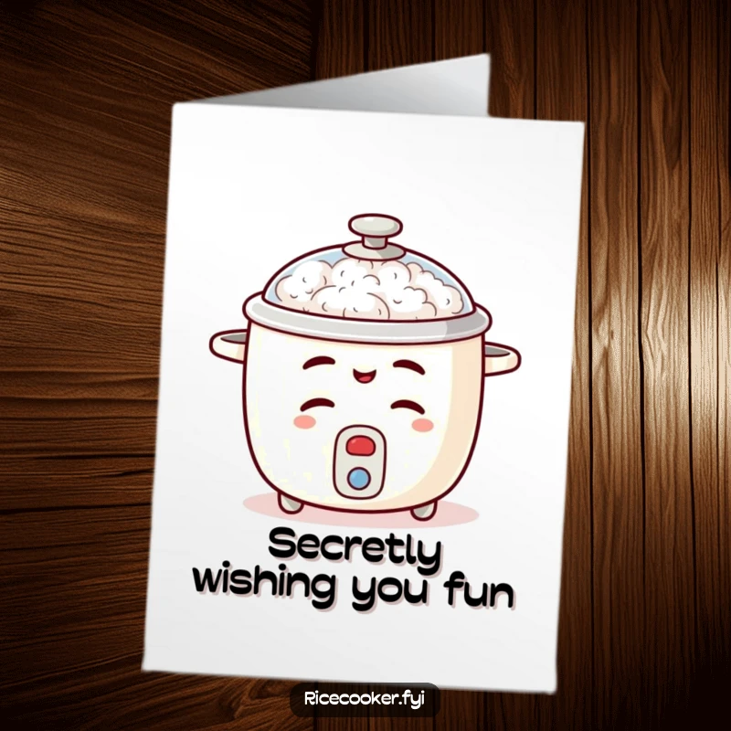Funny Free Printable Birthday Card: Mischievous Rice Cooker Winks, Lid Ajar, Playful Secret