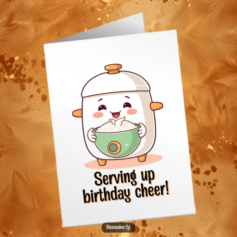 Funny free printable birthday card showing a happy rice cooker extending a steaming bowl with a welcoming hand gesture.