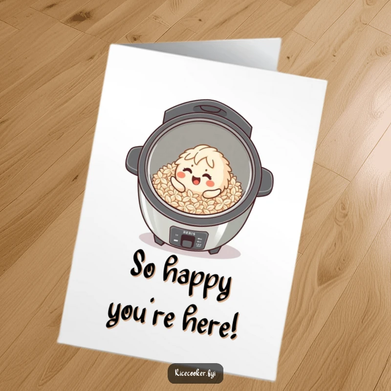 Funny Free Printable Birthday Card: A tiny, giggling rice grain character rolling playfully inside a clean rice cooker, humorous downloadable design.