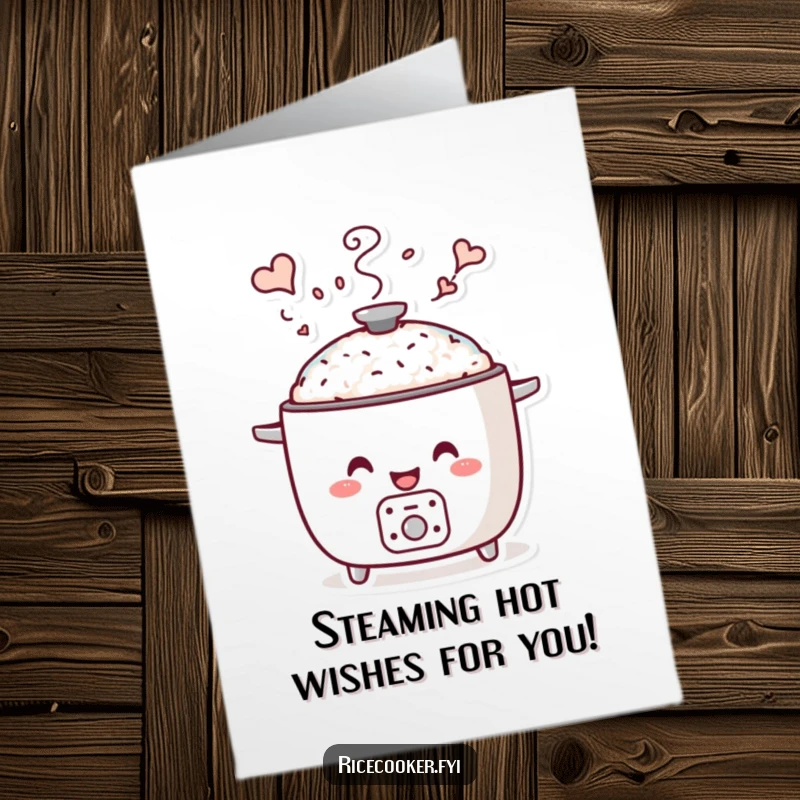 Funny Free Printable Birthday Card: A smiling rice cooker releases steam that forms whimsical, imaginative shapes above it.