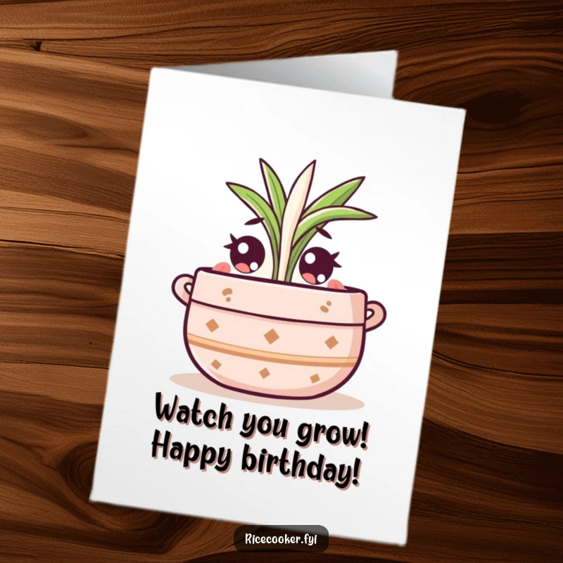 Funny Free Printable Birthday Card: a cute pot character with wide eyes intently watching a tiny rice sprout grow, perfect for DIY.