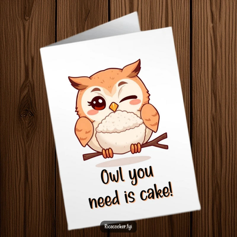 Funny free printable birthday card featuring a winking owl holding a delicious rice ball, ready to celebrate.