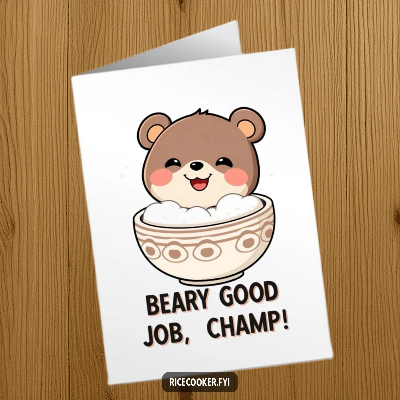 Funny free printable congratulations card, cheerful bear emerging from a steaming bowl with a grin, warm food celebration.