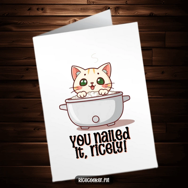 Funny Free Printable Congratulations Card: Cat peeking from a steaming rice cooker, pure surprise, perfect for any event.