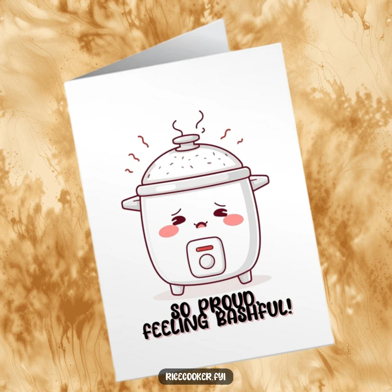 Funny free printable congratulations card of a bashful rice cooker looking embarrassed with rosy cheeks and rising steam.