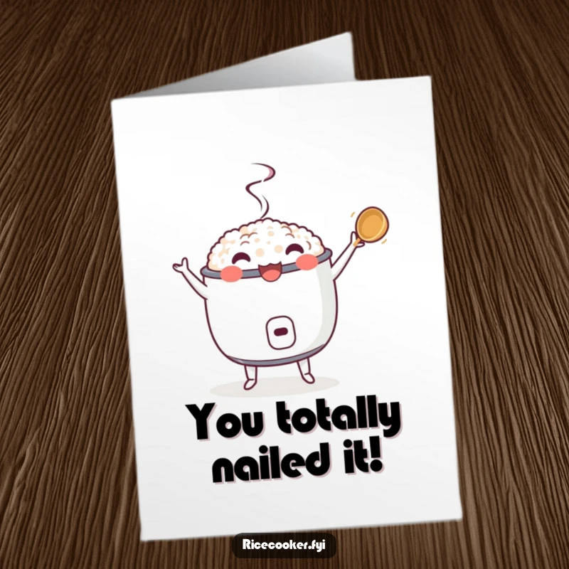 Funny Free Printable Congratulations Card showing a rice cooker dancing enthusiastically with its ladle, ideal for celebrating achievements.