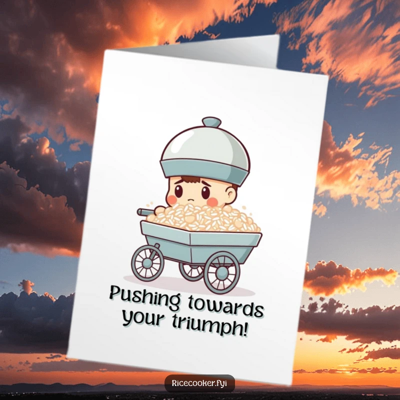 Funny free printable congratulations card of a resolute rice cooker pushing a tiny cart piled high with rice.