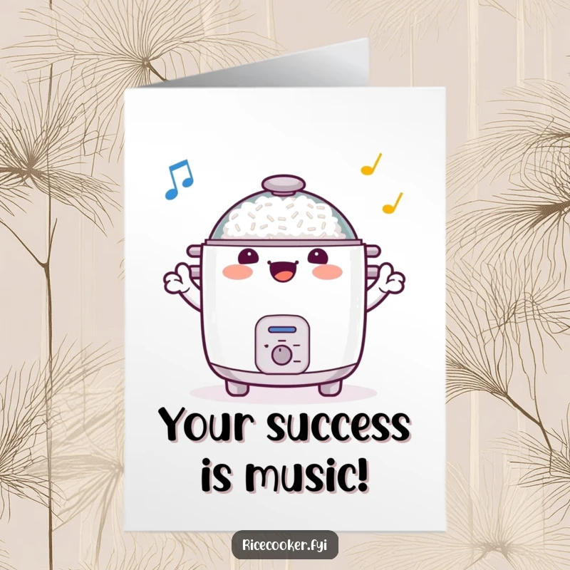 Funny free printable congratulations card showing a joyful rice cooker enthusiastically waving its arms like a conductor.