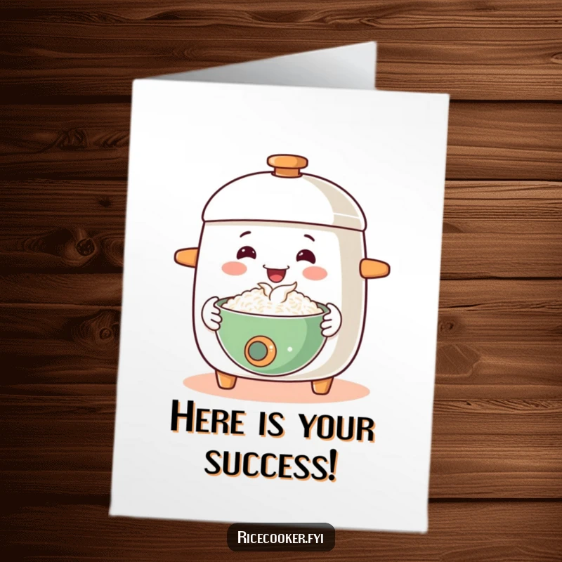 Funny free printable congratulations card of a welcoming rice cooker presenting a steaming bowl with an open gesture.
