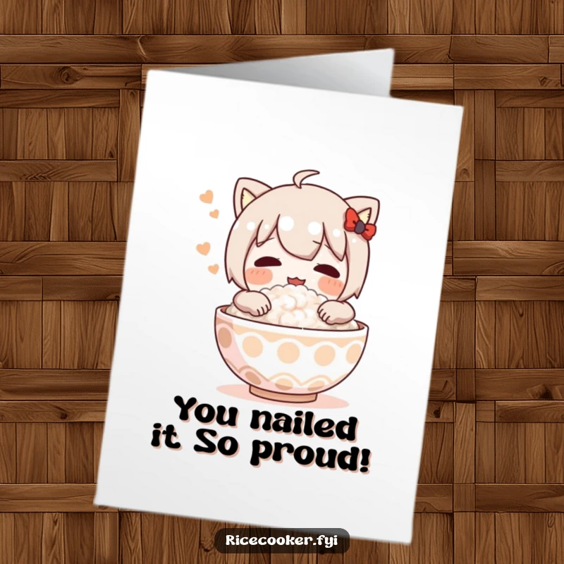 Funny Free Printable Congratulations Card: character happily embracing a steaming bowl of rice with a contented sigh.