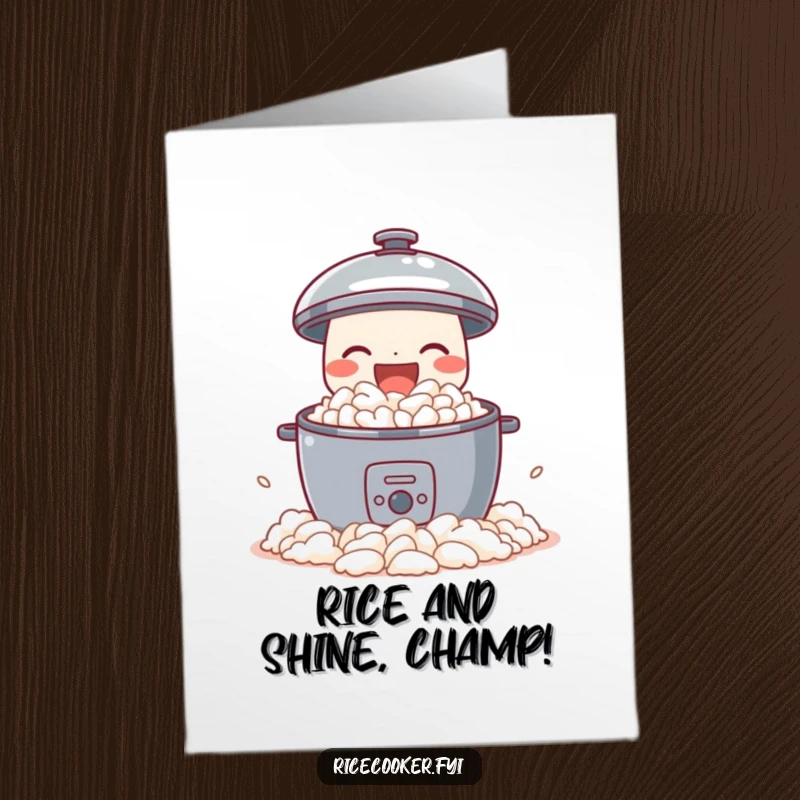 Funny Free Printable Congratulations Card showing a rice cooker spilling fluffy rice with joy, perfect for celebrating achievements.