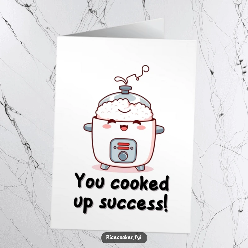 Funny Free Printable Congratulations Card showing a mischievous rice cooker puffing steam, ideal for a humorous congratulatory message.