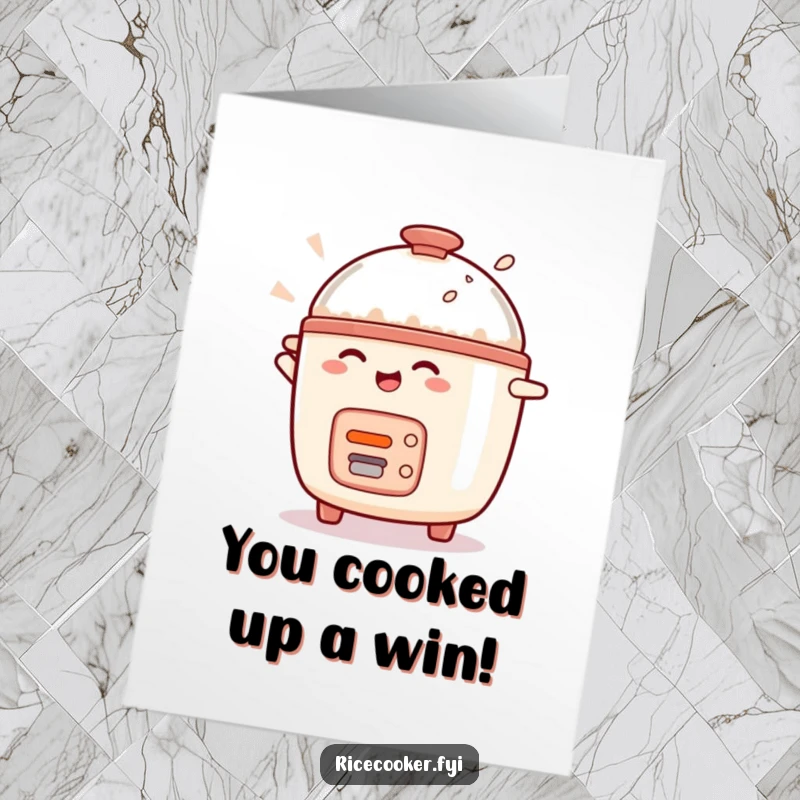 Funny Free Printable Congrats Card: Ecstatic rice cooker character doing a celebratory spin, perfect for any congratulatory occasion.