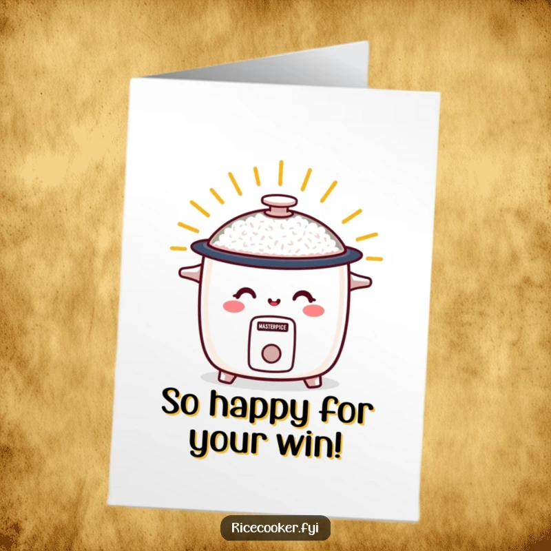 Funny Free Printable Congratulations Card showing a happy rice cooker with a smiley face beaming warm energy, ideal for warm wishes.