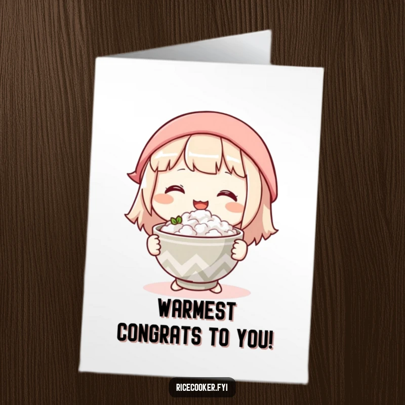 Funny Free Printable Congratulations Card: character with a gentle smile happily offering a warm bowl of rice, sharing good fortune.