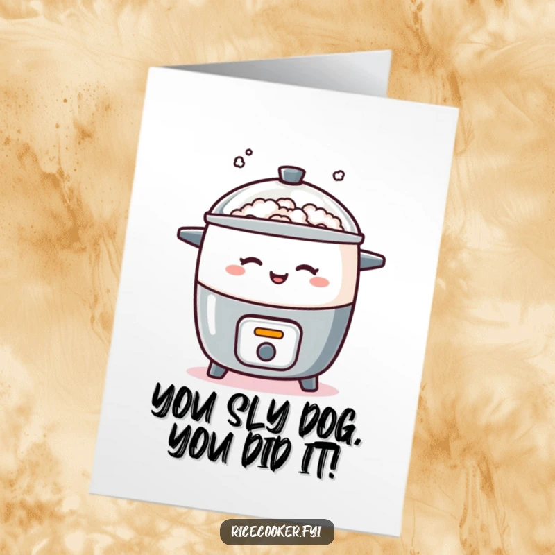 Funny Free Printable Congratulations Card featuring a rice cooker winking playfully as steam escapes, great for a knowing congrats.