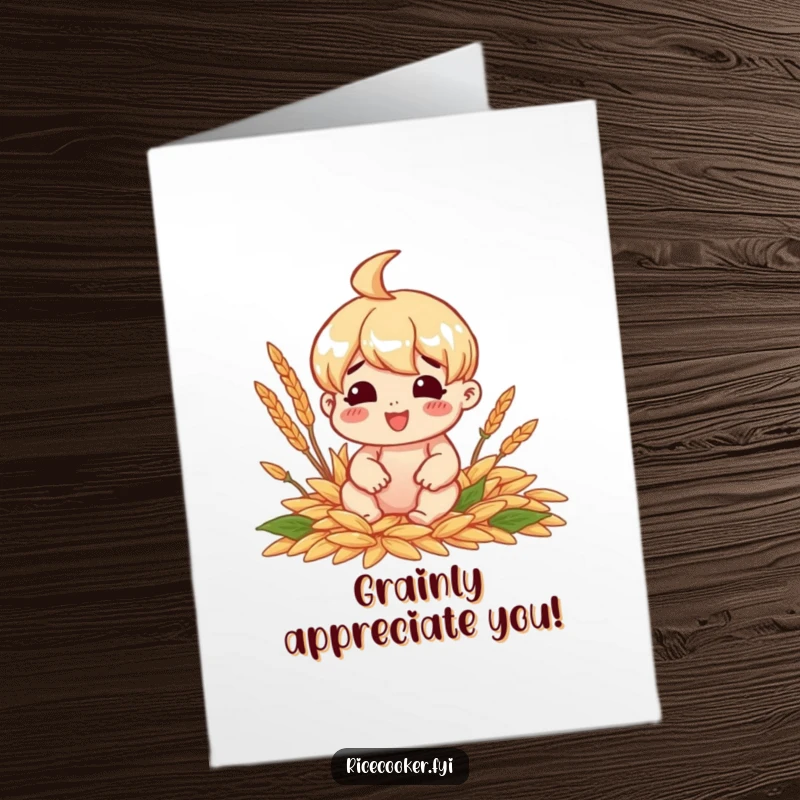 Funny Free Printable Congratulations Card of a cheerful character surrounded by perfectly cooked grains.