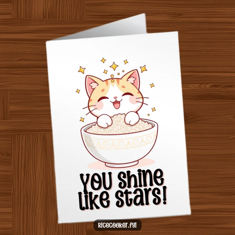 Funny Free Printable Congratulations Card: An overjoyed cat sprinkling bright stars onto a pristine bowl of freshly cooked rice.