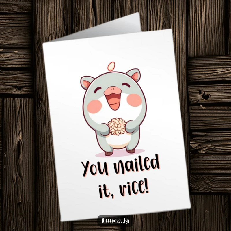 Free Printable Congratulations Card showing a happy character with a grin, playfully bouncing a grain of rice, celebrating success.