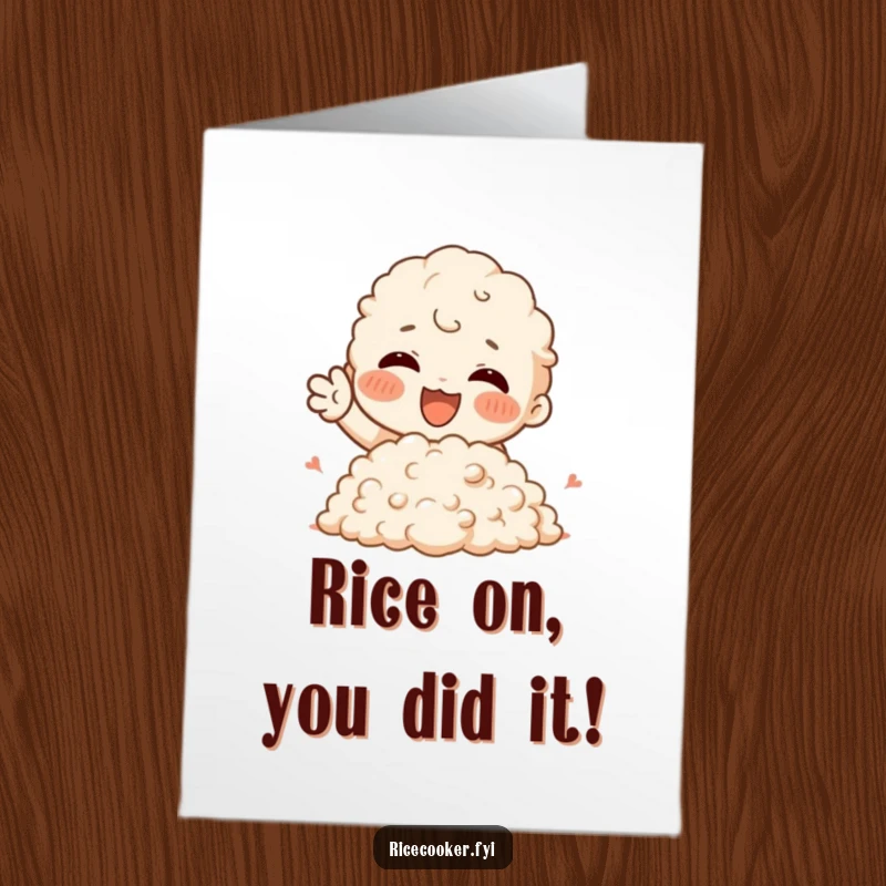 Free Printable Congratulations Card showing a character enthusiastically gesturing towards a fluffy mound of rice, celebrating success with glee.