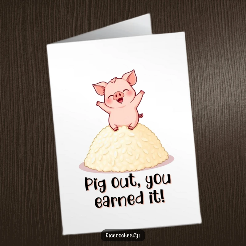 Funny Free Printable Congratulations Card: A giggling pig celebrates by dancing on a pile of delicious rice.