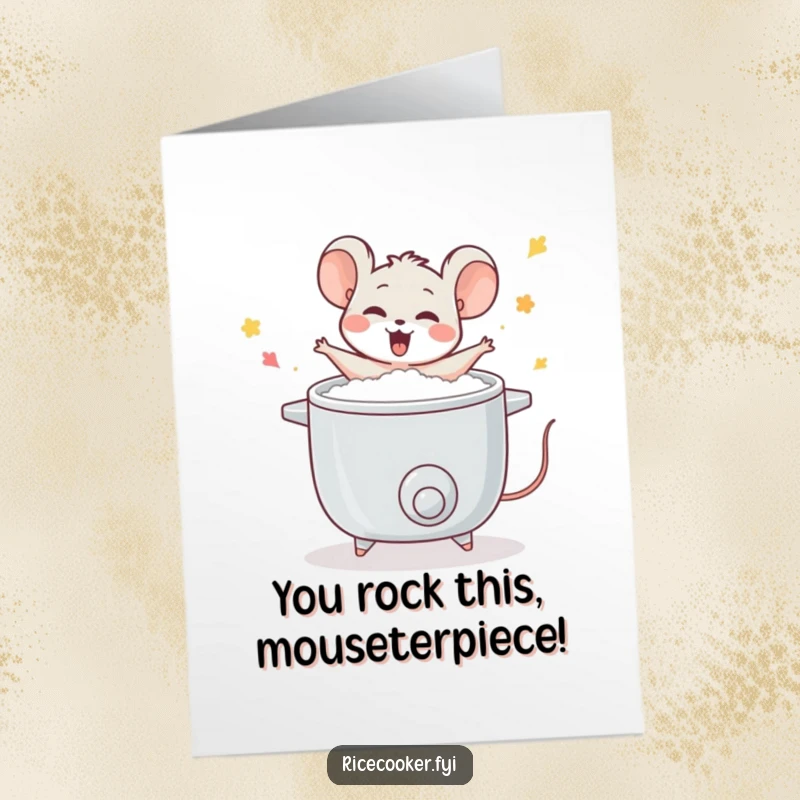 Funny free printable congratulations card showing a joyful mouse celebrating next to a bubbling rice cooker, a downloadable delight.