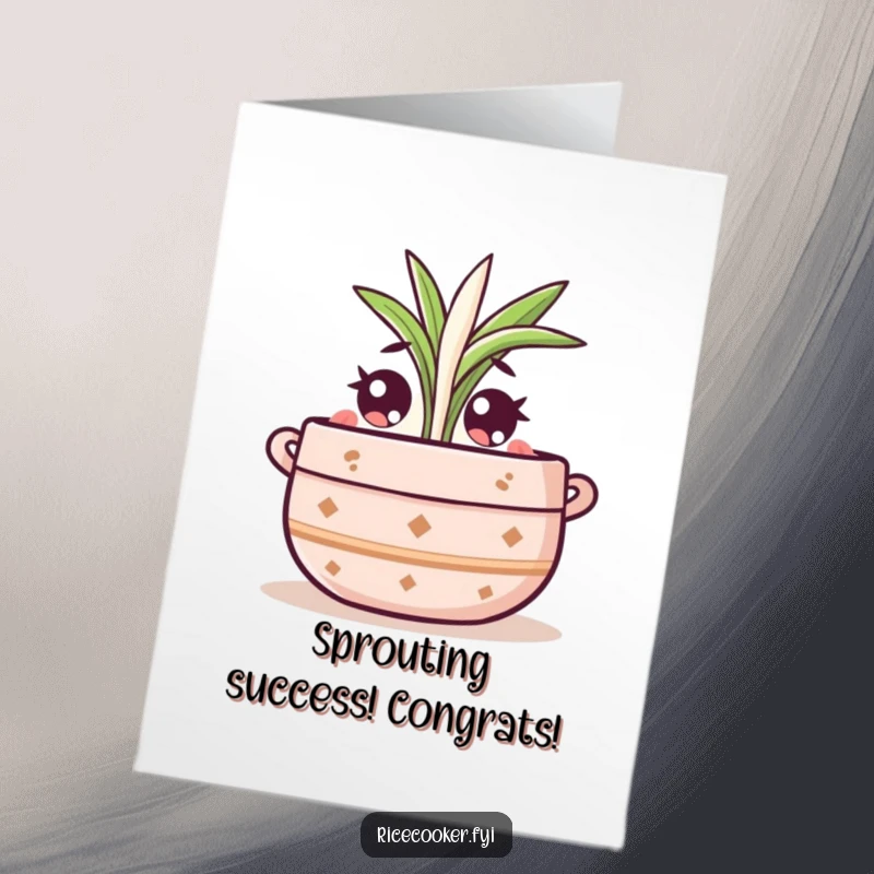 Funny Free Printable Congratulations Card: a cute pot character watches with wide eyes as a rice sprout begins to grow, great for DIY.