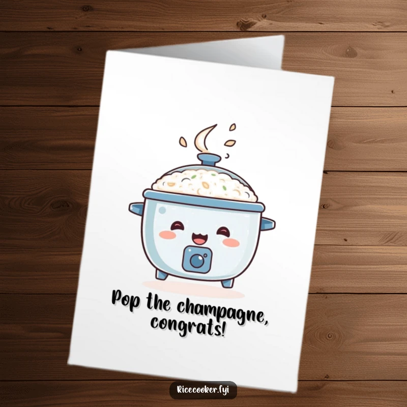 Funny Free Printable Congratulations Card: A happy rice cooker bouncing with steam erupting, celebrating their triumphant achievement.