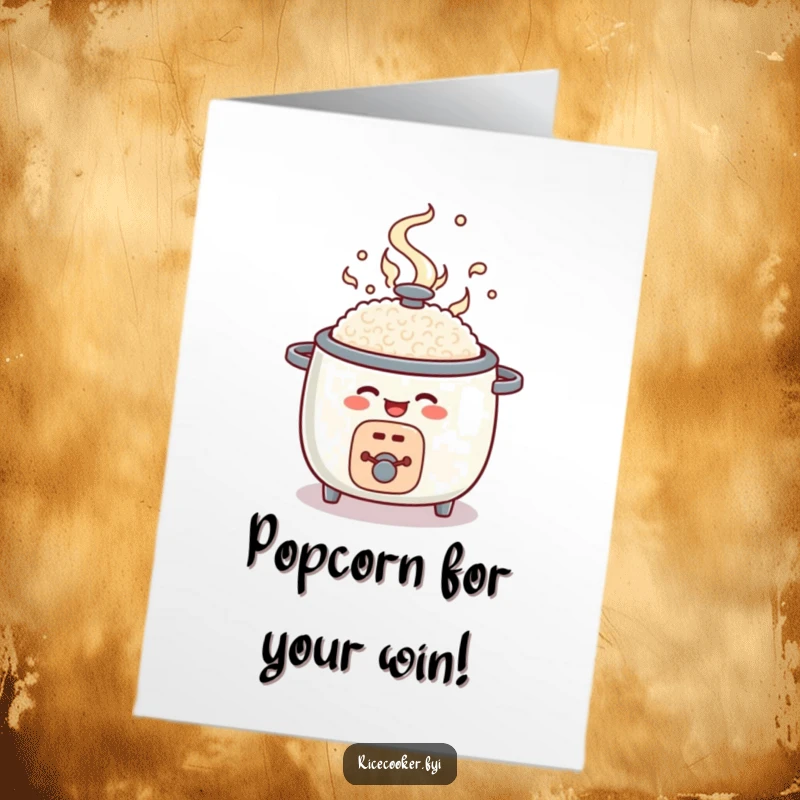 Funny Free Printable Congratulations Card: A round rice cooker character opening with joy and swirling steam, celebrating their awesome news.