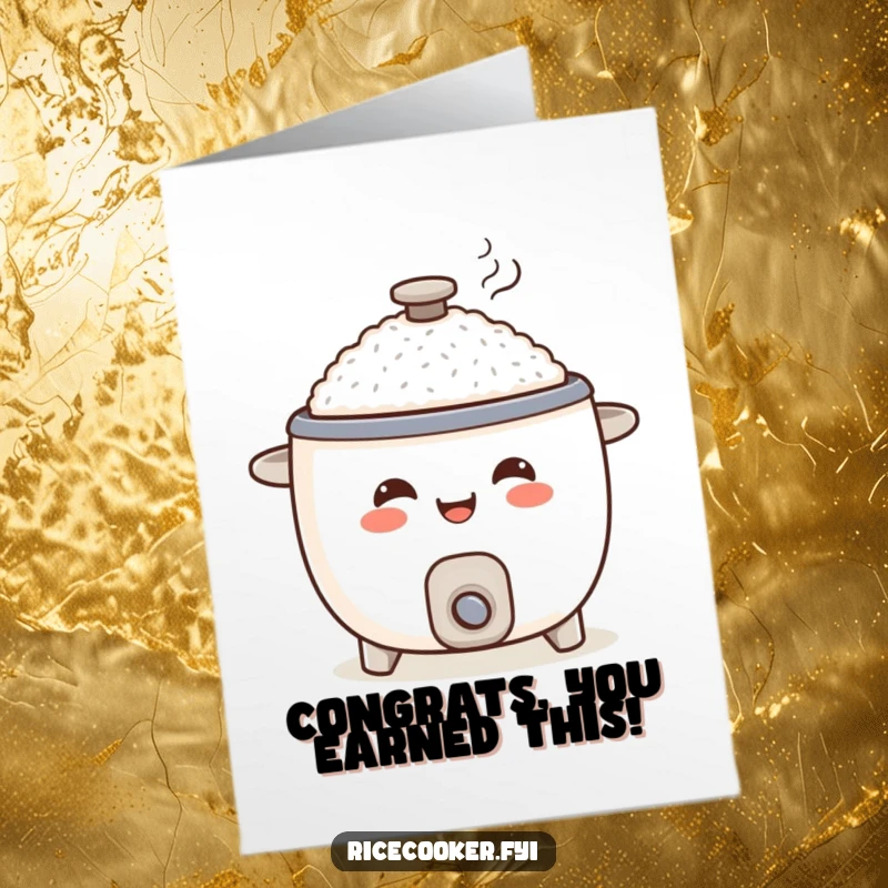 Funny Free Printable Congratulations Card: A smiling rice cooker joyfully serving a steaming portion, celebrating their wonderful achievement.