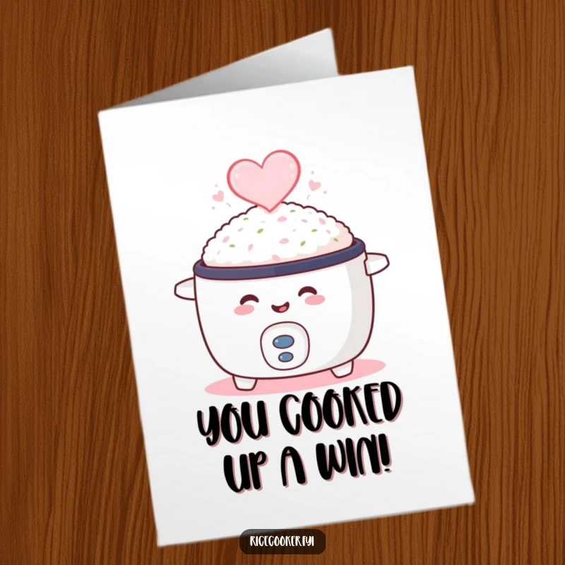 Funny Free Printable Congrats Card: Happy rice cooker emitting heart-shaped steam, perfect for celebrating love and achievements.