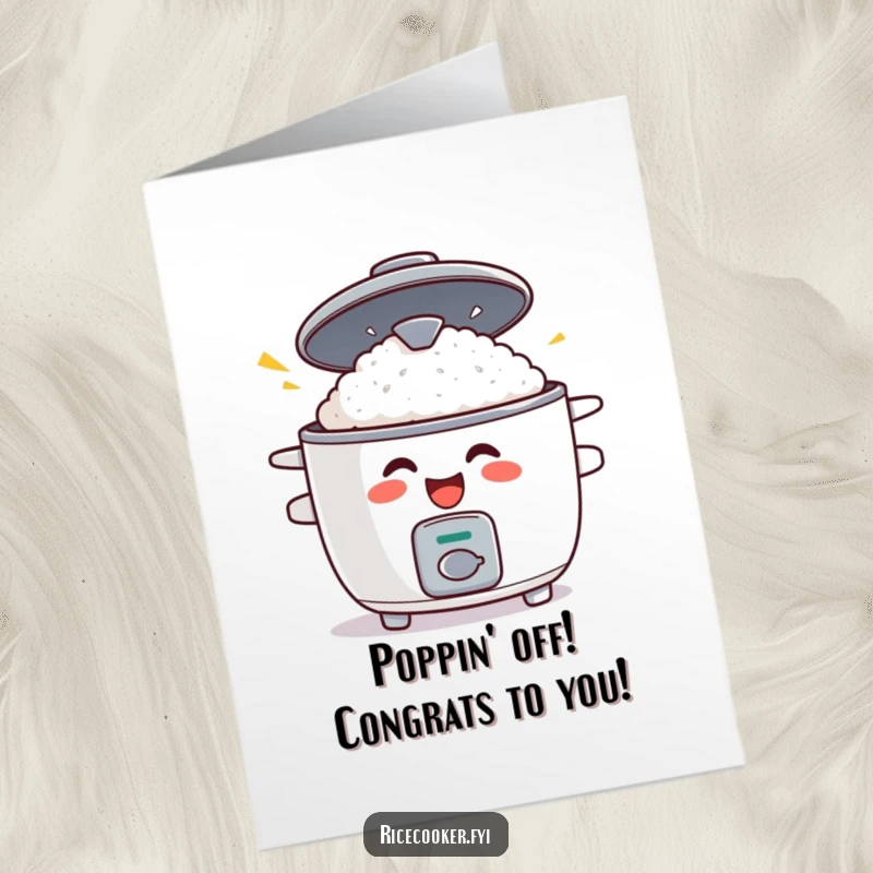 Funny Free Printable Congratulations Card featuring a grinning rice cooker with a lid popping open in hilarious surprise, great for DIY joy.