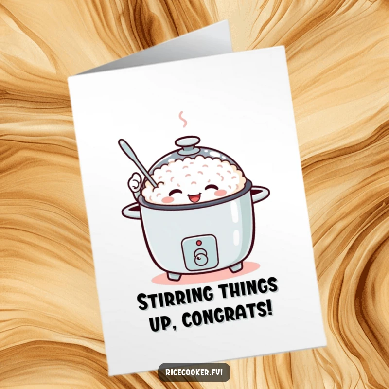 Funny Free Printable Congrats Card: A cheerful rice cooker enthusiastically waves a tiny spoon, celebrating success.