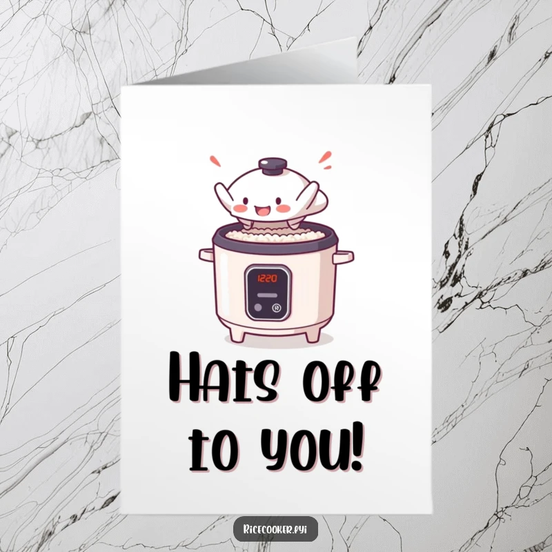 Funny Free Printable Congrats Card: A sentient rice cooker lid making a dramatic leap into the air, pure elation.